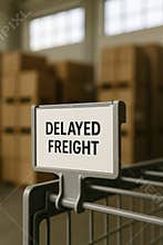 Delayed freight cart in warehouse with stacked cardboard boxes indicating supply chain and logistics challenges, AI Generative