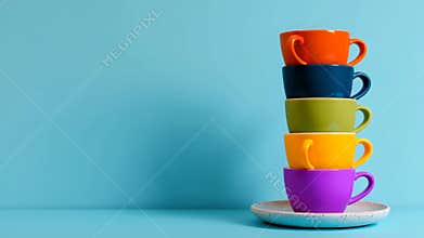 Colorful cups stacked in balanced harmony against blue backdrop