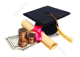 Black Graduation Cap and Degree with Money