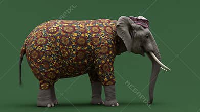 Decorative Elephant Model Wearing Traditional Clothing and Accessories Standing Against Green Screen