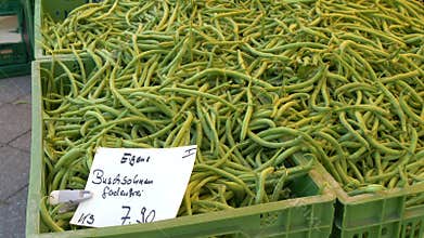 Green Beans for Sale at market. German Handwritten Price Tag