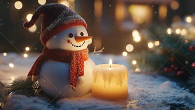 Warm winter glow: festive snowman with flickering candlelight in evening chill
