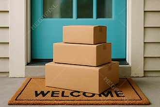 Three cardboard delivery packages stacked neatly on a welcome mat outside a blue front door, home parcel contactless drop off, AI