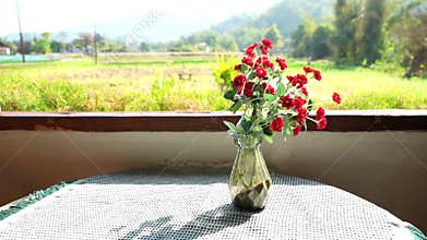 Artificial Rose Bouquet on a Windowsill with a Rice Field View , Home Decor: Vase with Fake Flowers by a Window