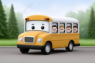 Illustration of a cheerful school bus with cartoon faces of kids looking out the windows