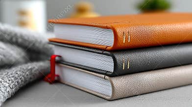 Four hardcover books in vibrant colors are stacked together, showcasing their textures against a gray background