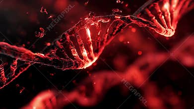 Artistic rendering of fragmented DNA helices bursting amidst glowing red skin representing severe UVinduced damage