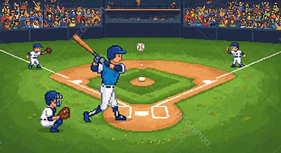 Pixel art depicting a baseball game in progress. A batter in a blue jersey and helmet