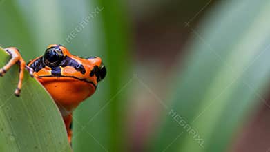 Close-Up of a Tiny and Vibrant Orange Poison Dart Frog Peeking over a Leaf