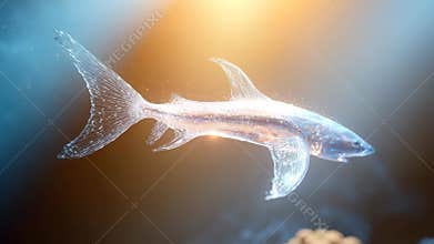 Underwater digital art, semi-transparent swordfish, blue hues, bubblessparks, surrealism, elegance, angled perspective - AI