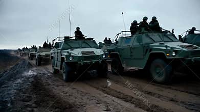 Military convoy of armored vehicles moving on muddy road