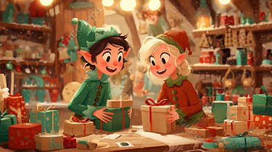 Joyful elves in a festive workshop prepare gifts during Christmas season
