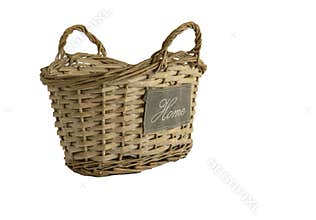 Wicker basket with home label isolated on white