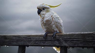 AI-generated sulphur-crested cockatoo perched on wooden rail, against cloudy sky backdrop