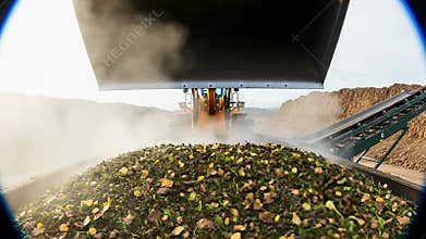 Compost heap grows as garden waste rapidly accumulates on conveyor belt, releasing steam on a sunny day