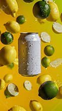 Soda drink can 330ml floating, lemons and limes in the air scattered, vibrant background of yellow and lime green color