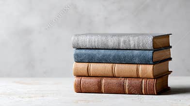 Four colorful antique books with textured covers are neatly stacked, creating a timeless and elegant display of