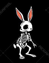 Bunny skeleton with bold black outlines, tattoo flash style, black background, logo design, digital art print