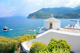 Beautiful white church above Chora on Skopelos island, Greece