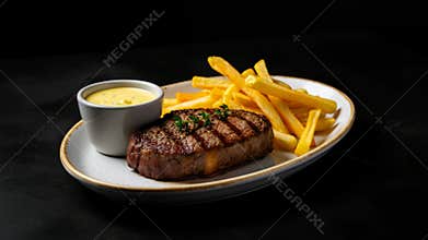 Juicy grilled steak and crispy fries with creamy sauce on elegant plate in dimly lit setting