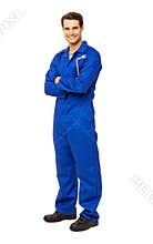 Mechanic In Overalls Holding Wrench