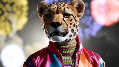 Colorful cheetah costume in expressive motion against vivid balloon background