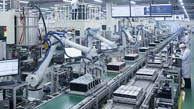Automated assembly line featuring industrial robots constructing battery packs inside a modern, advanced manufacturing facility