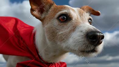Adventurous dog in red cape against cloudy sky embarking on epic quest
