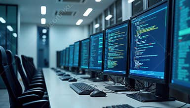 Software testing lab. Computers display code. Employees monitor applications. Rigorous quality assurance processes underway.