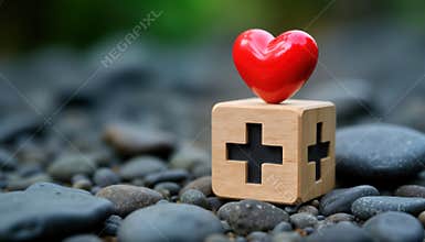 Wooden cube symbol of zero accidents, secure work environment. Red heart on top for health, care. Workplace safety concept. Focus