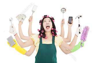 Busy woman with multitasking concept