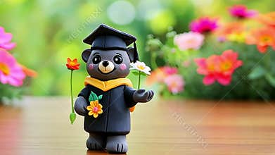 Graduate bear figurine with flowers on a wooden table in a garden setting, ideal for graduation announcements