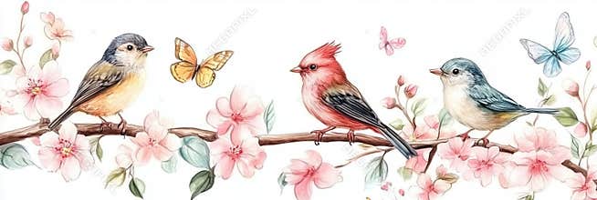 Colorful birds perched on blooming cherry blossom branches with butterflies and delicate flowers