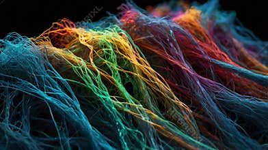 3D-Rendered Confocal Microscopy Image of Spindle Fibers in Metaphase Glowing in Different Colors