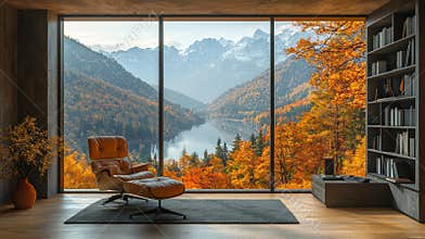 A home office with a computer desk and bookshelves, featuring a backdrop of scenic snow mountains and a lake view