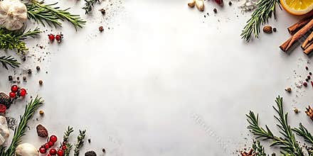 Generative AI Festive Culinary Frame with Spices and Herbs on Rustic White Background business concept.