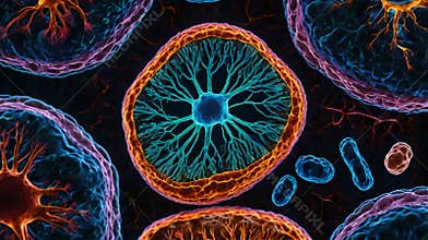 Confocal Microscopy Image of Mitochondria in a Living Cell Showcasing ATP Production in Glowing Fluorescence
