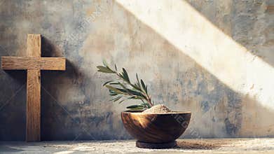Bowl with ashes, olive branch and cross, symbols of Ash Wednesday