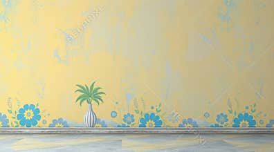 Elegant room interior with floral borders and a potted plant against a yellow wall