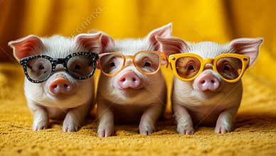Piglets in glasses pose cutely