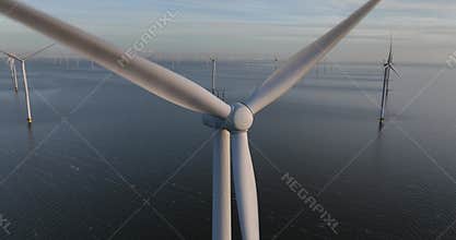 Offshore windpark wind turbines at Breezanddijk, afsluitdijk, The Netherlands.