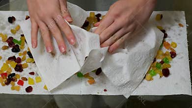 wash the raisins. paper towel blot washed dried fruits raisins