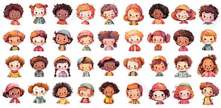 Collection of watercolor happy cartoon kids faces clipart, smiling children faces, boys and girls portrait