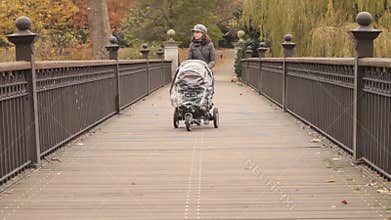 Mother pushing buggy on a bridge in park