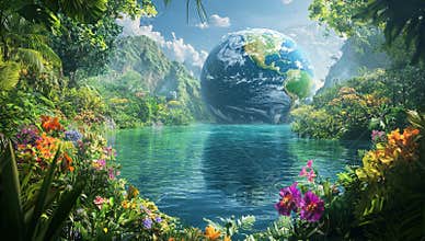 Celebrating Mother Earth Day, we imagine a surreal scene where a colorful, radiant Earth is enveloped by lush nature