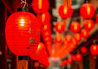 Traditional Chinese Red Lanterns with Calligraphy, Street Decoration During Celebrations