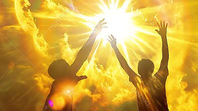 Golden light bathing silhouetted men reaching toward each other, symbolizing spiritual connection, hope, and transcendent journey