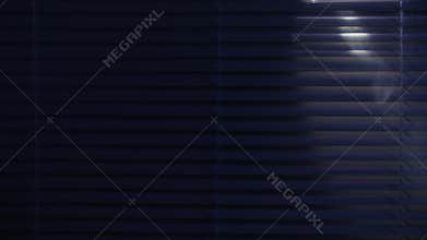 man with flashlight looking for help through blinds against police lights background, close up