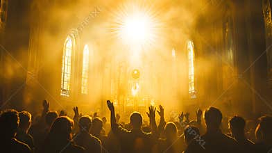 Generative AI Radiant Church Gathering with Sunlight Illuminating Worshippers in Spiritual Atmosphere business con