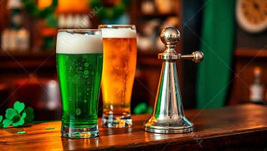 Green and lager beer celebrating saint patrick&#x27;s day in traditional irish pub